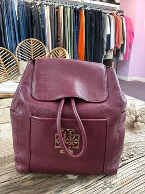 Tory Burch Burgundy Pebbled Leather Backpack with Gold Logo